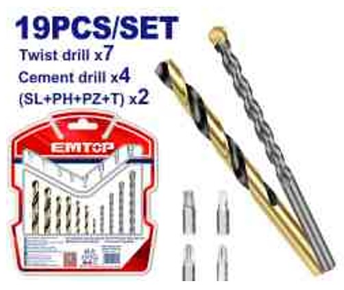 19pc Drill Bits and Screwdriver Bits Set HSS and Masonry with 25mm Bits Double Blister